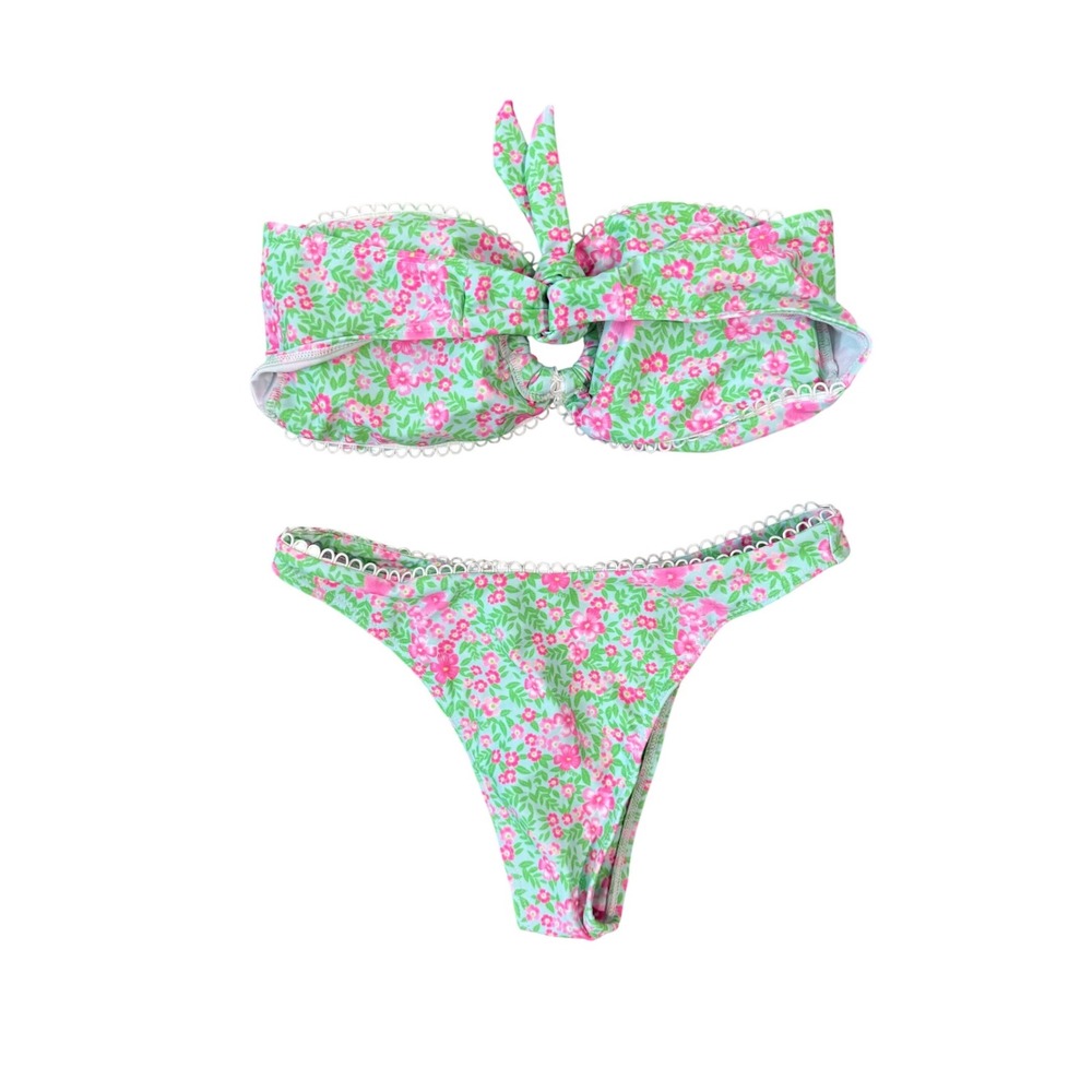 Floral Bandeau Bikini Set Pink Green Scalloped Trim High Cut Swimsuit Small - Picture 3 of 6